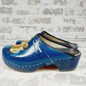 Dalex Handpainted  Blue Leather Shoes Slip On Sweden Wood Classic Clogs M237